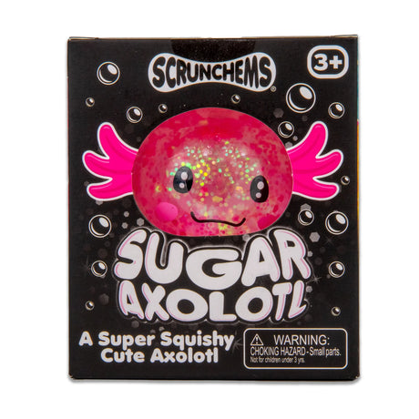 Front of Scrunchems Sugar Axolotl retail box showing pink glitter axolotl through window
