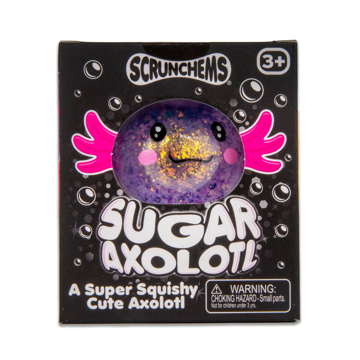 Front of Scrunchems Sugar Axolotl retail box showing purple glitter axolotl through window