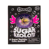 Front of Scrunchems Sugar Axolotl retail box showing purple glitter axolotl through window