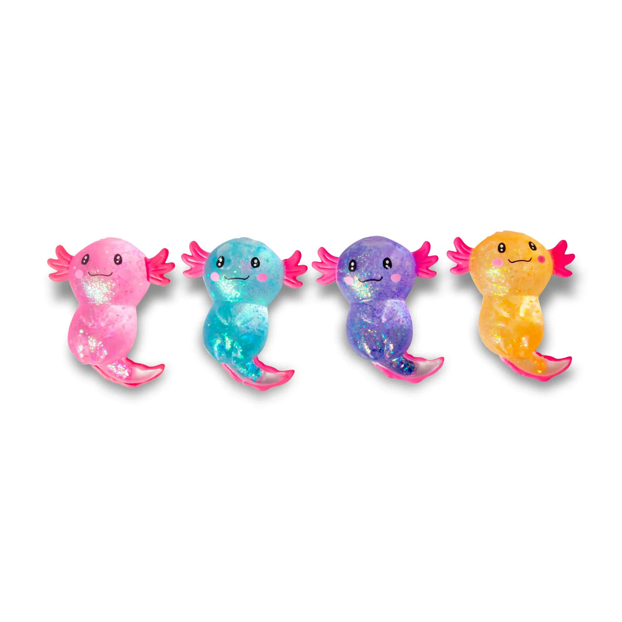 Pink, blue, purple and orange glitter gel Sugar Axolotl squishies displayed in a row