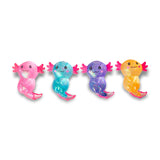 Pink, blue, purple and orange glitter gel Sugar Axolotl squishies displayed in a row