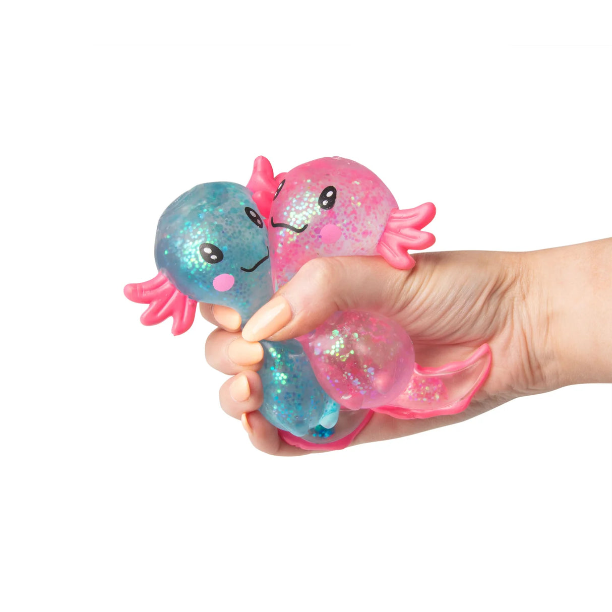 Hand squeezing blue and pink large glitter gel Sugar Axolotl squishies together
