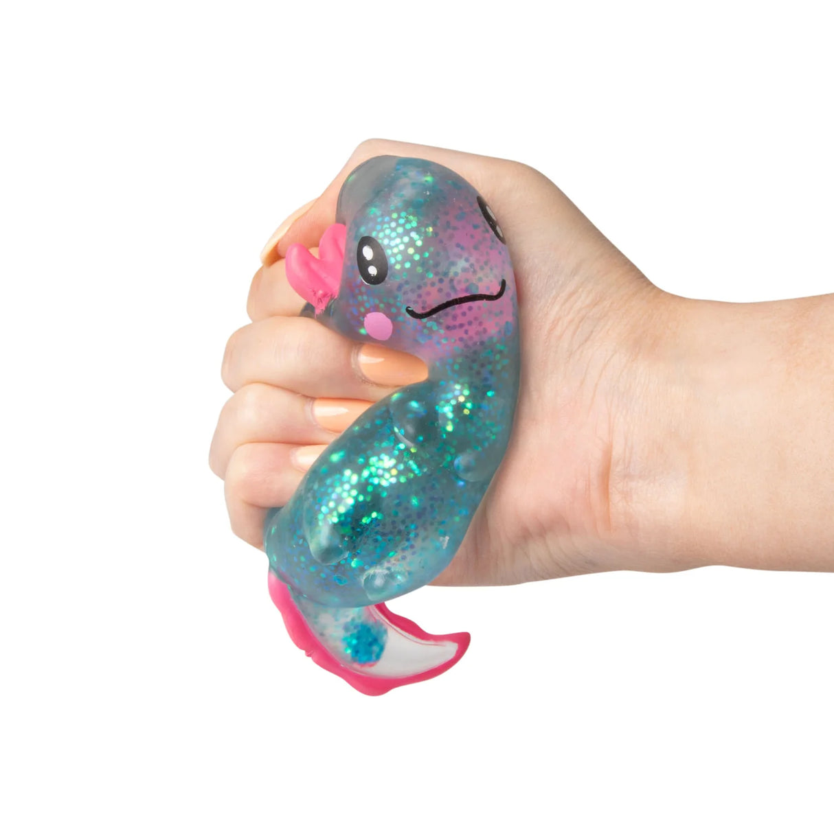 Hand gripping and squeezing a blue large Sugar Axolotl squishy showing the gel body deforming