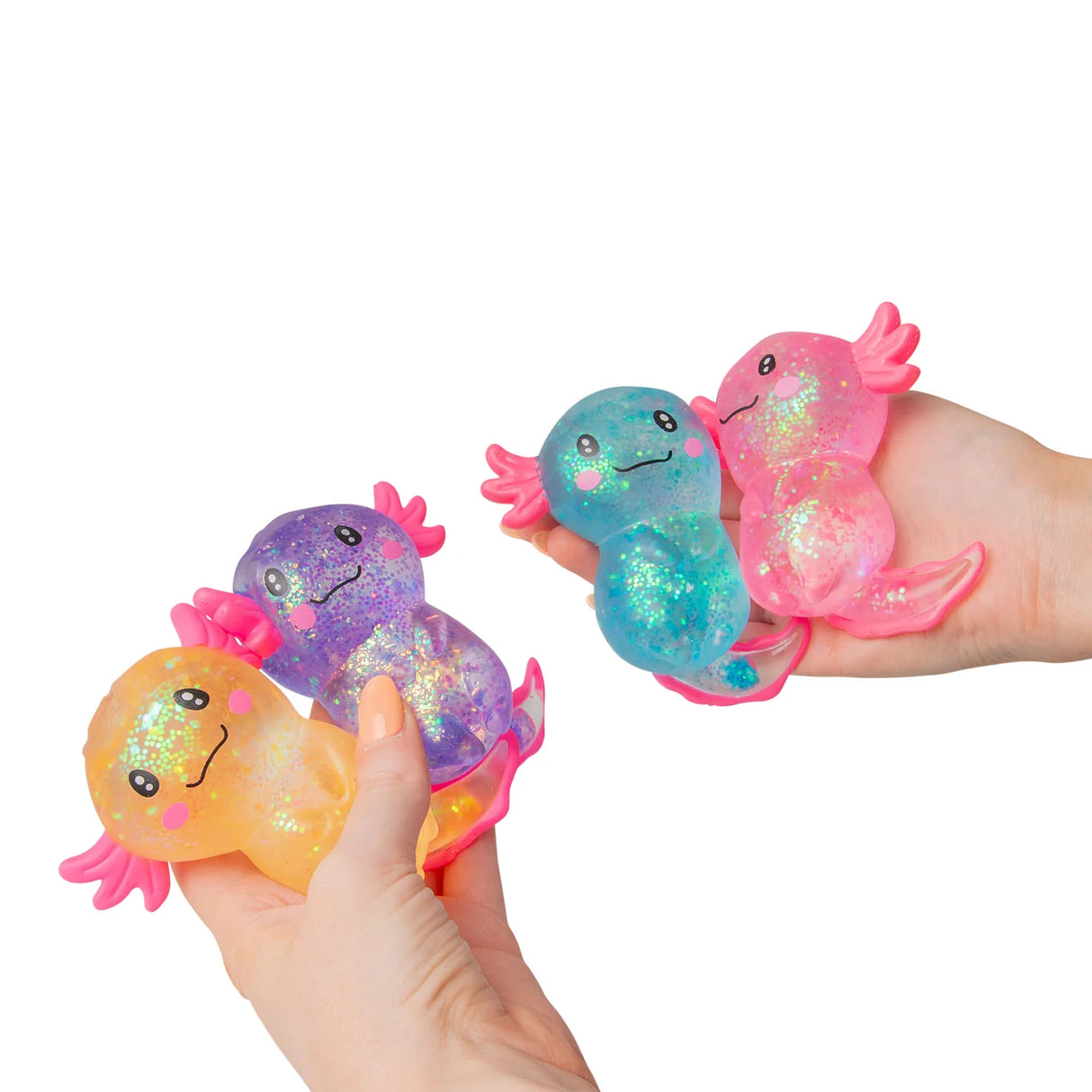 Two hands each holding and squeezing large glitter gel Sugar Axolotl squishies in orange, purple, blue and pink