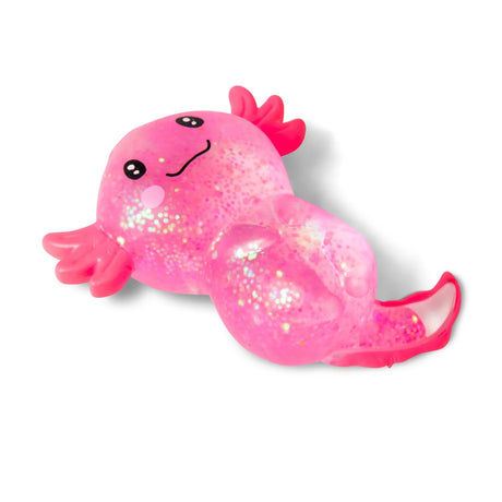 Pink large Sugar Axolotl squishy lying on its side on a white background