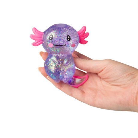Purple large glitter gel Sugar Axolotl squishy held upright showing holographic sparkle gel body