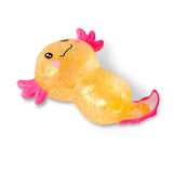 Orange glitter gel Sugar Axolotl squishy lying on its side showing golden iridescent sparkle
