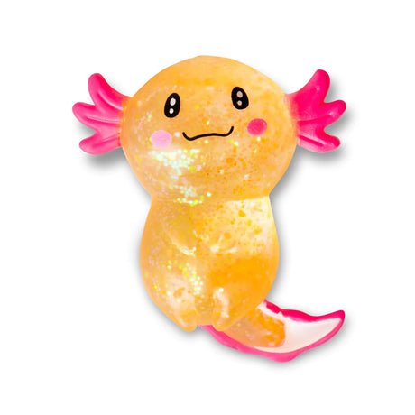 Orange glitter gel Sugar Axolotl squishy upright showing kawaii face and pink gill details