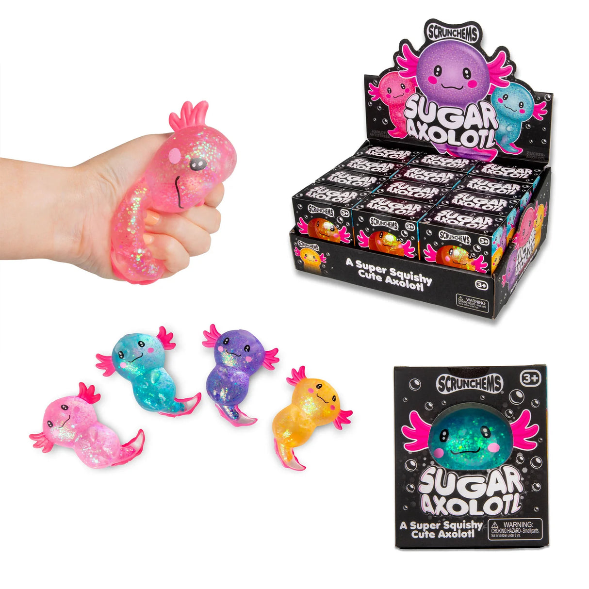 Hand squeezing a pink Sugar Axolotl squishy alongside display box, loose trio and individual packaging