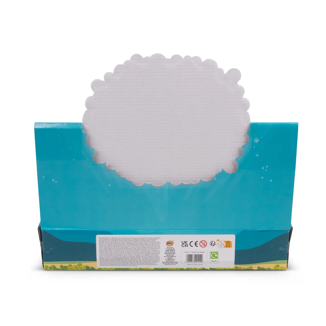 Back of Sugar Sea Sheep squishy fidget toy retail display box showing safety and product information