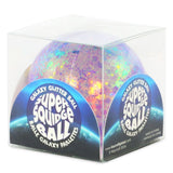 Super Squidge Galaxy Glitter Ball purple holographic glitter squishy fidget toy in clear display box packaging