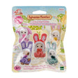 Sylvanian Families 'Colourful Bunny Costume Babies' 5-pack toy set in its original blister packaging, featuring five small plush bunny figures in different pastel-colored outfits.