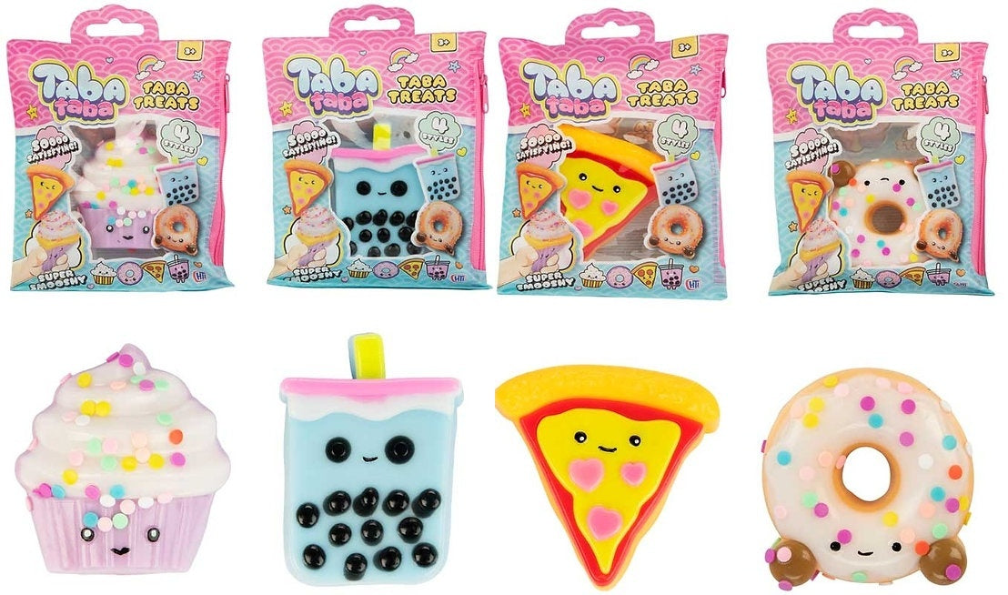 Four Taba Taba Treats kawaii squishy toy designs: cupcake, boba, pizza and donut