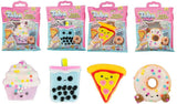 Four Taba Taba Treats kawaii squishy toy designs: cupcake, boba, pizza and donut