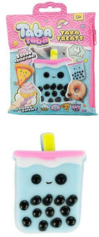 Taba Taba Treats boba tea squishy toy shown with its pink packaging bag