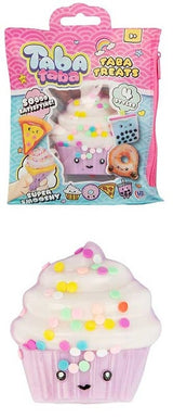 Taba Taba Treats cupcake squishy toy shown with its pink packaging bag