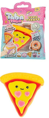 Taba Taba Treats pizza slice squishy toy shown with its pink packaging bag