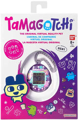 Tamagotchi Gen 1 in patterned purple shell displayed in its branded retail packaging