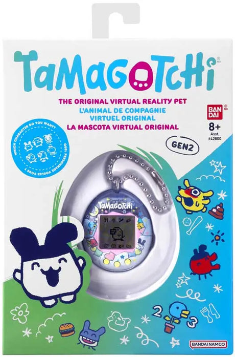 Tamagotchi Gen 2 in pastel shell displayed in its branded retail packaging