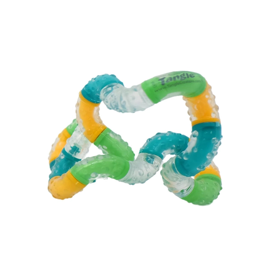 Colorful plastic toy with 'Tangle' branding on a white background