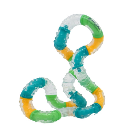 Colorful plastic toy with intertwined loops on a white background