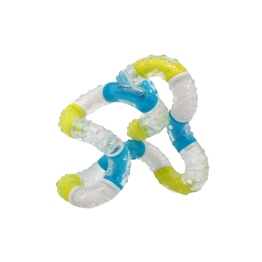 Toy with interlocking rings in white, blue, and green on a white background