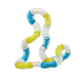 Twisted plastic toy with blue and yellow sections on a white background