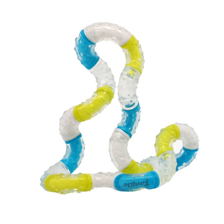 Twisted plastic toy with blue and yellow sections on a white background