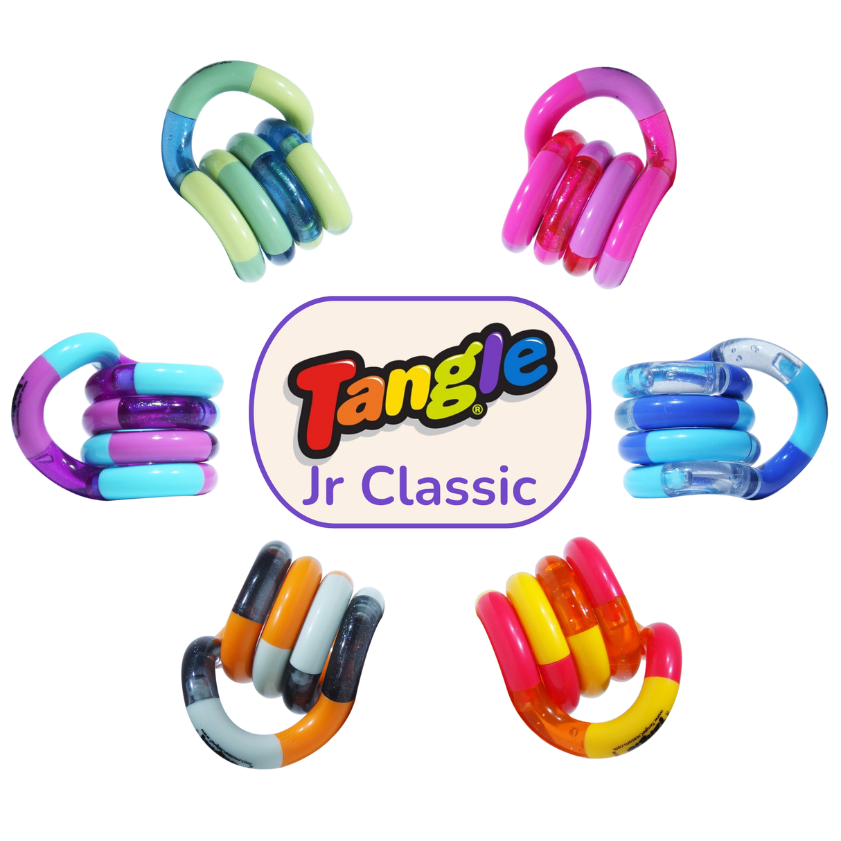 Six Tangle Jr. Classic fidget toys shown in green/teal, pink/lilac, purple/teal, blue, orange/grey, and pink/orange/yellow colourways