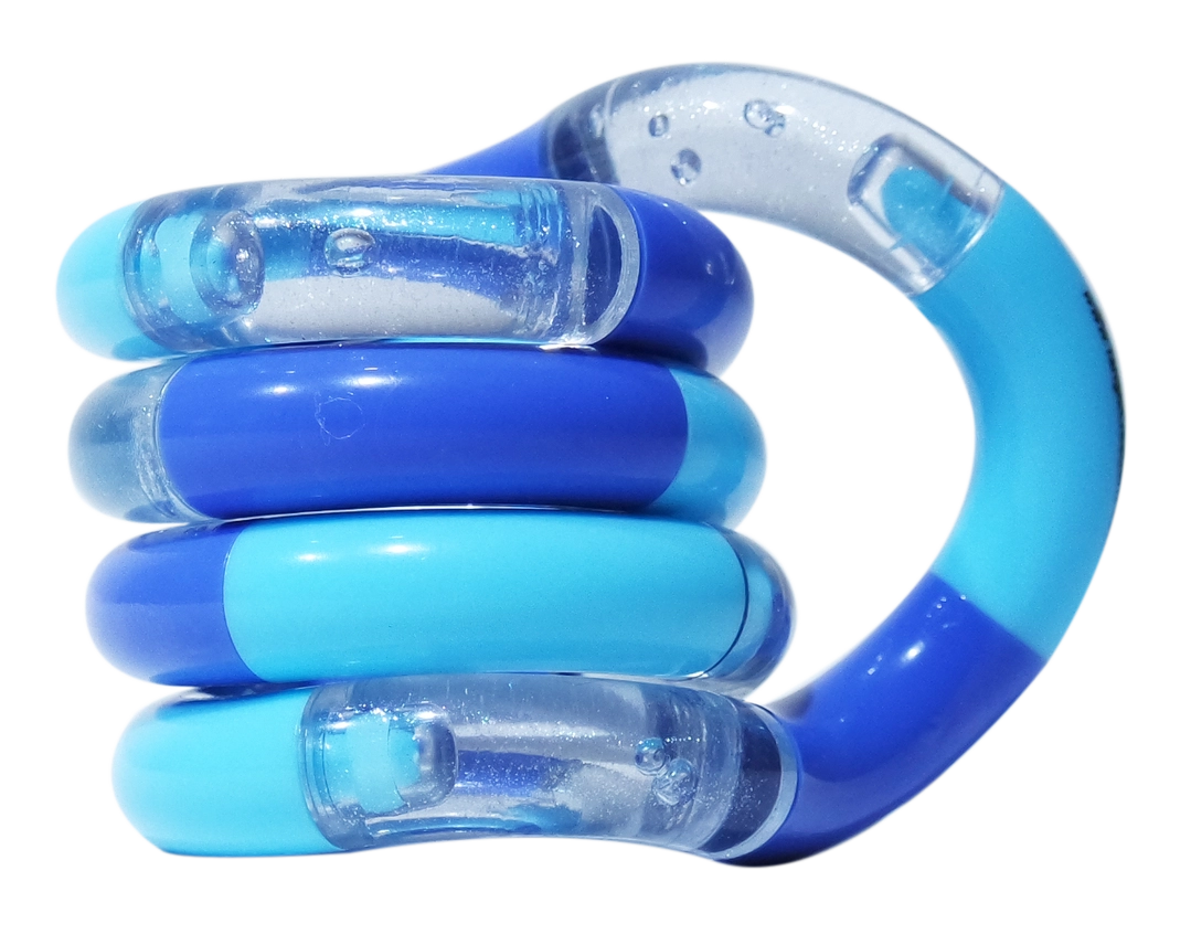 Blue tones Tangle Classic fidget toy coiled into its resting spiral shape with glitter segment detail