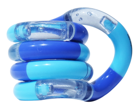 Blue tones Tangle Classic fidget toy coiled into its resting spiral shape with glitter segment detail