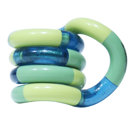Green and teal Tangle Classic fidget toy coiled into its resting spiral shape with glitter segment detail