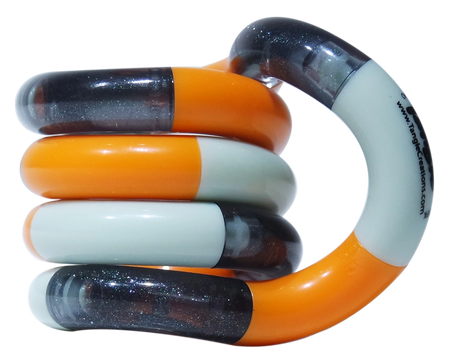 Orange and grey Tangle Classic fidget toy coiled into its resting spiral shape