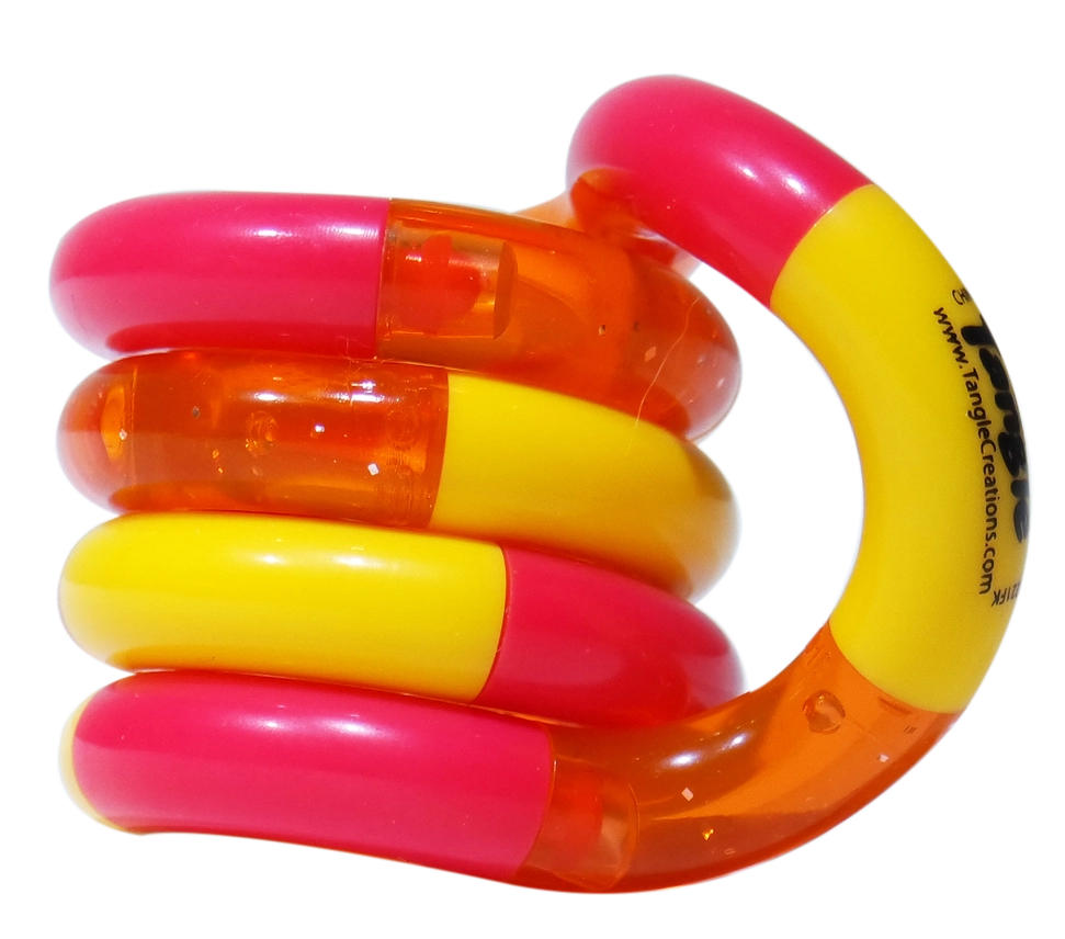 Hot pink, orange, and yellow Tangle Classic fidget toy coiled into its resting spiral shape