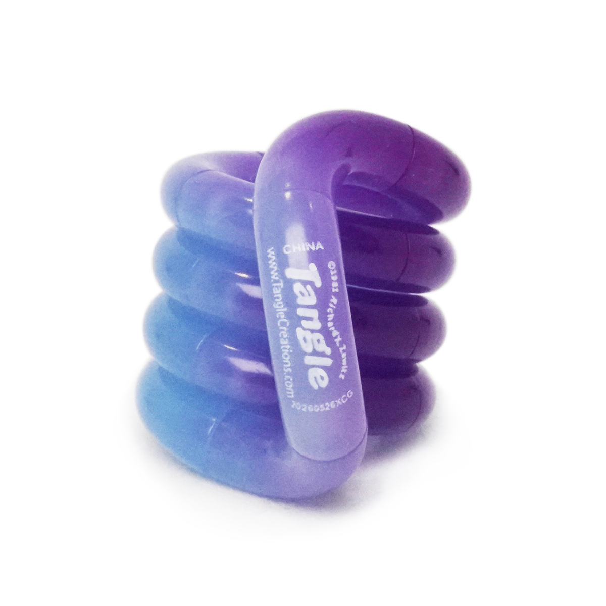 Blue to purple Tangle Jr. Bubblegum colour-changing twisty fidget toy coiled into a stack