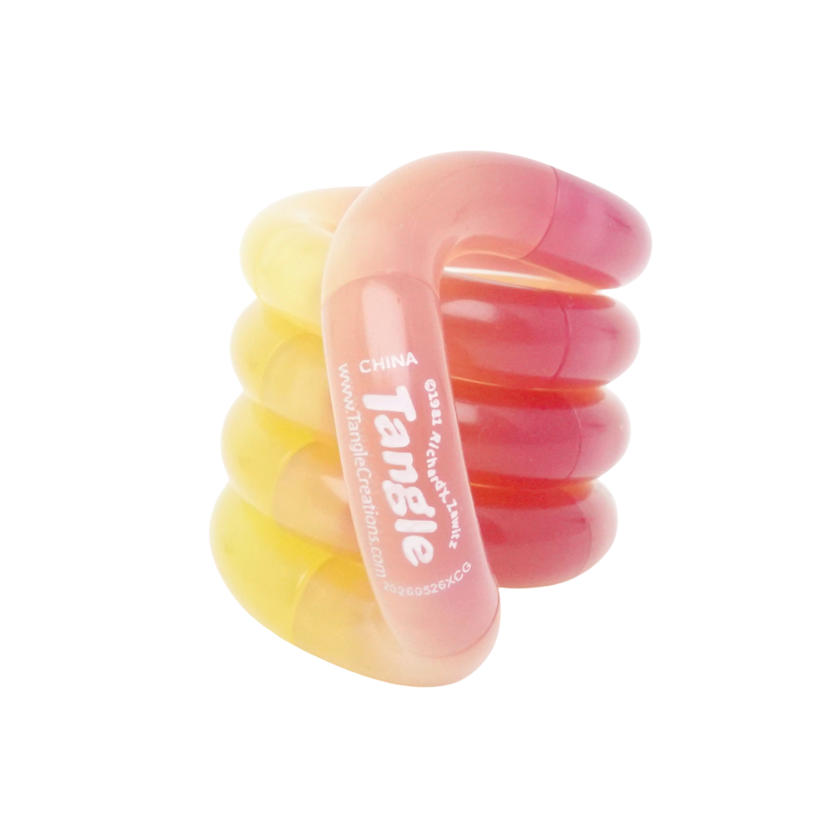 Yellow to pink Tangle Jr. Bubblegum colour-changing twisty fidget toy coiled into a stack