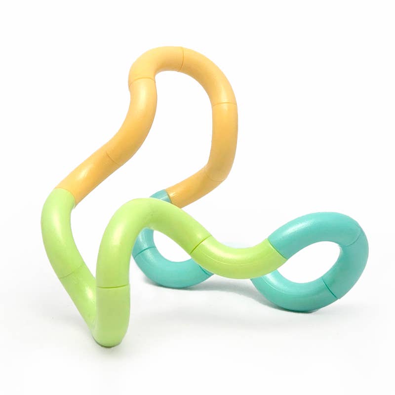 Peach, lime and aqua Tangle Jr. Clouds twisty fidget toy twisted into a figure eight