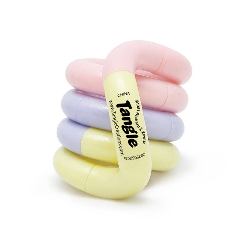 Pink, lilac and lemon Tangle Jr. Clouds pastel twisty fidget toy coiled into a stack