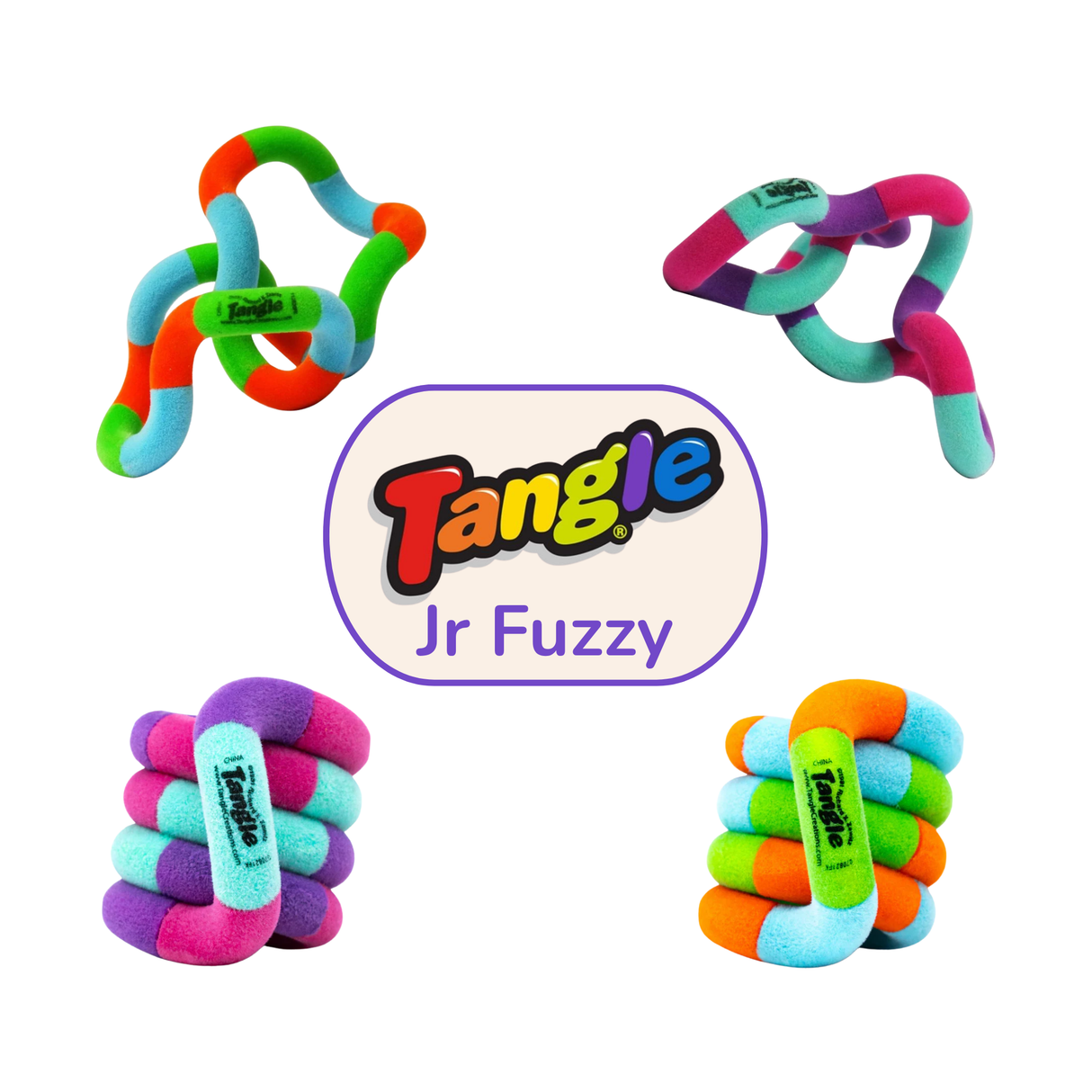 Tangle Jr. Fuzzy fidget toy shown in both purple/pink/teal and orange/green/blue colourways, coiled and extended