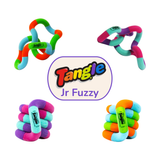 Tangle Jr. Fuzzy fidget toy shown in both purple/pink/teal and orange/green/blue colourways, coiled and extended