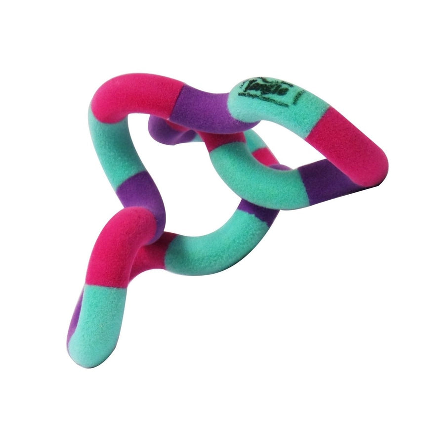 Purple, pink, and teal Tangle Jr. Fuzzy fidget toy twisted into an open freeform shape