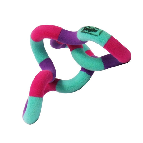 Purple, pink, and teal Tangle Jr. Fuzzy fidget toy twisted into an open freeform shape