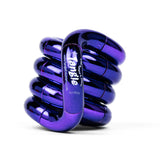 Purple metallic Tangle Jr. fidget toy coiled into its resting spiral shape showing chrome finish