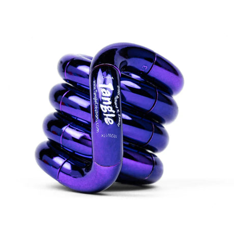 Purple metallic Tangle Jr. fidget toy coiled into its resting spiral shape showing chrome finish