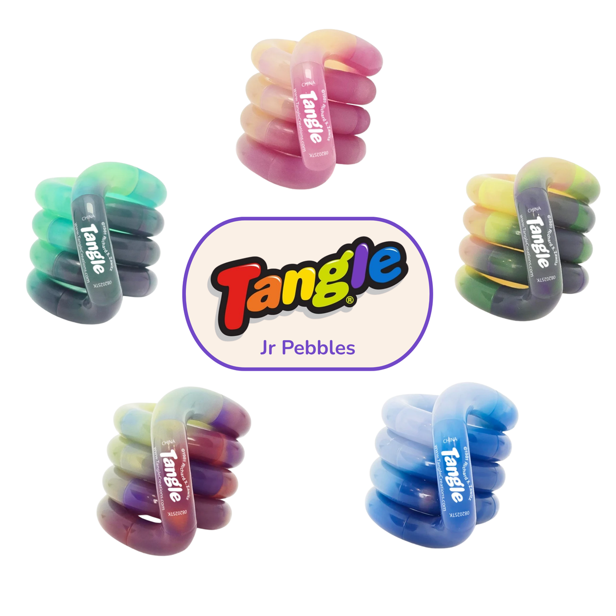 Five marbled Tangle Jr. Pebbles colour-changing twisty fidget toys in pink, green, purple and blue