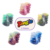 Five marbled Tangle Jr. Pebbles colour-changing twisty fidget toys in pink, green, purple and blue