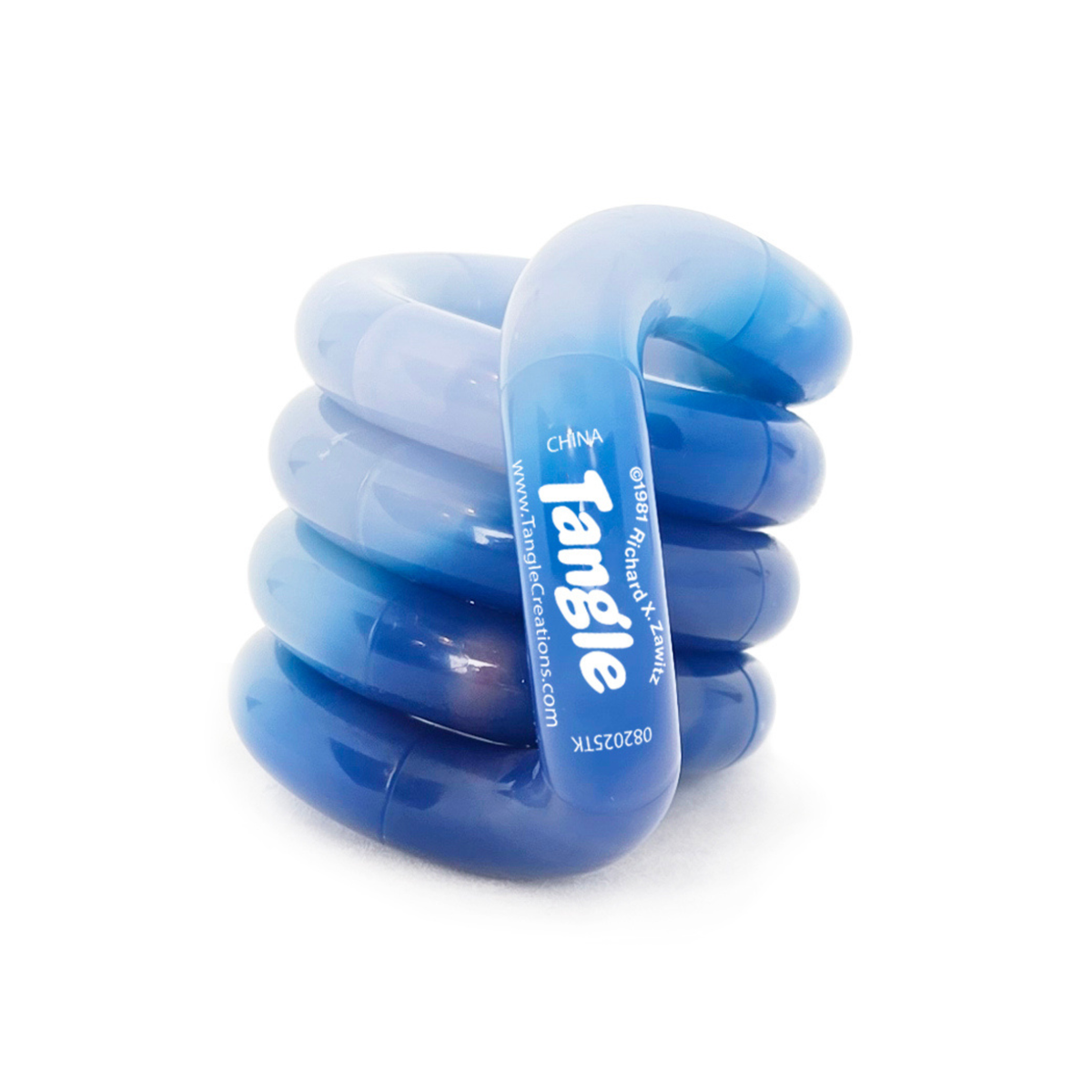 Pale and deep blue marbled Tangle Jr. Pebbles colour-changing fidget toy coiled into a stack