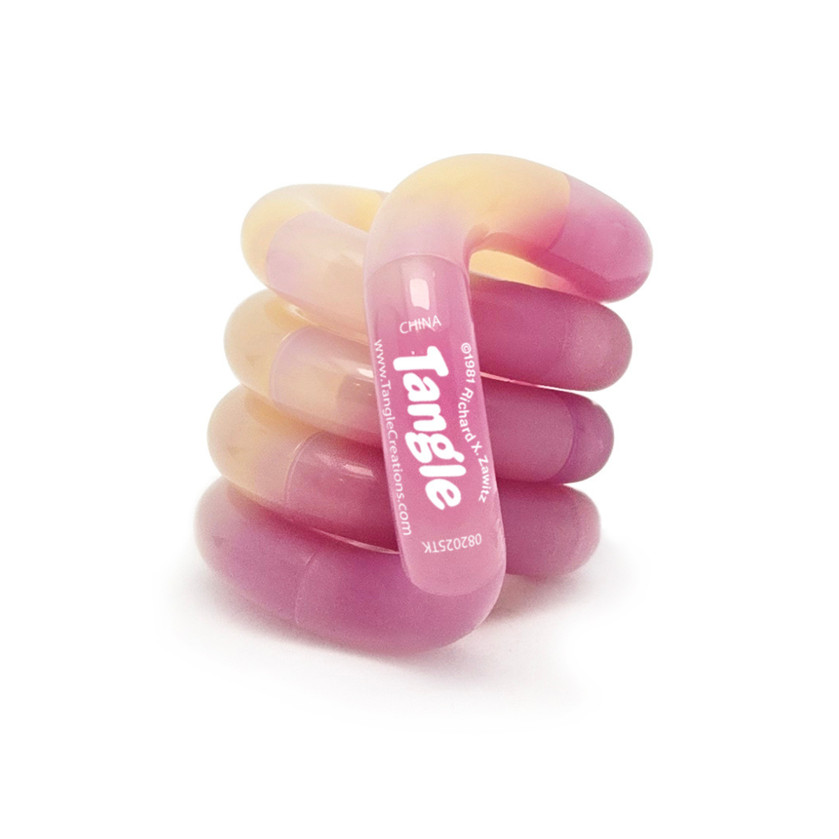 Pink and cream marbled Tangle Jr. Pebbles heat colour-changing fidget toy coiled into a stack