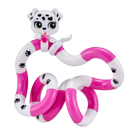 White and pink dalmatian Tangle Jr. Pet fidget toy with paw print details laid out in a freeform shape