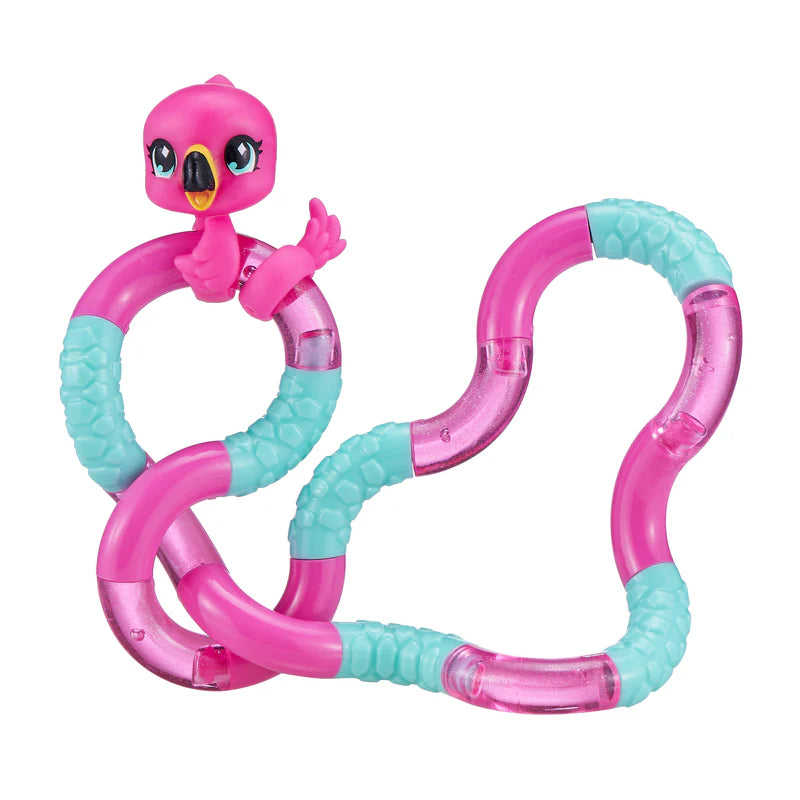 Pink and teal flamingo Tangle Jr. Pet fidget toy laid out in a flowing freeform shape